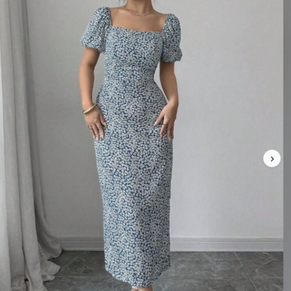 Blue Floral Short Sleeve Dress